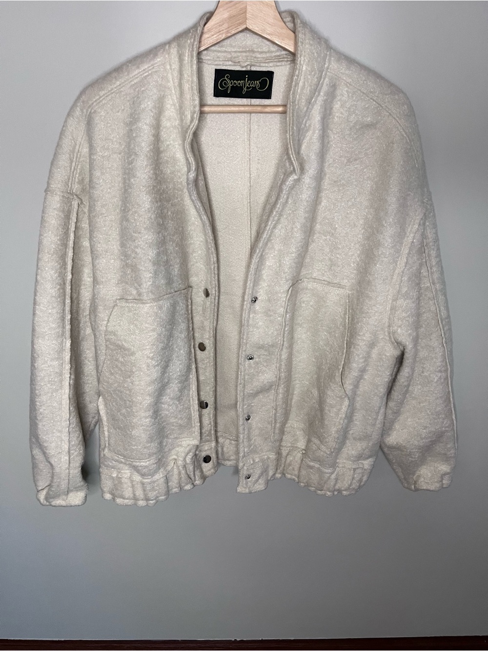 Spoon Jeans Mens Cream Fleece Bomber Jacket Snap Front Large Off White Oversized